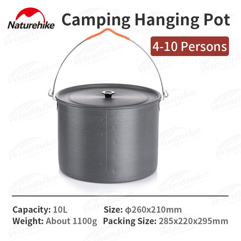 Naturehike Portable Hanging Pot & Tripod Ultralight 6L 10L Large Capacity Aluminum Alloy Camping Cookware And Telescopic Adjustable Hang Stand Outdoor Cooking For 6 to 10 Persons Hiking Picnic Beach Travel Heavy Duty Original Nature Hike