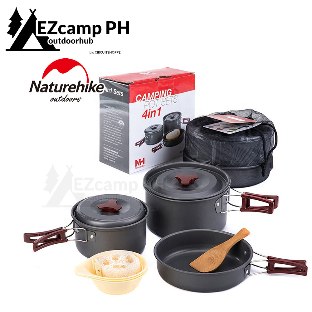 Naturehike 4 in 1 Portable Camping Cookware Pot Set for 2 to 3 Person Frying Pan Hiking Cooking Tools with Cover Utensils Lightweight Aluminum