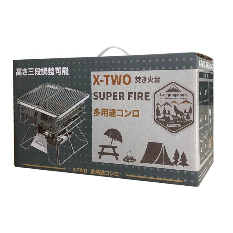 CAMPINGMOON X-TWO Portable Multi-Function Camping Charcoal Barbecue Grill Foldable Outdoor Pure Stainless Steel Cast Iron Steak Grill Cook Fry BBQ