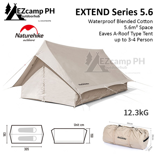 Naturehike EXTEND Series 5.6 Blended Cotton Canvas Eaves A-Roof 5.6m² Waterproof Camping Glamping Outdoor Tent Premium Family Group for 3 to 4 Person