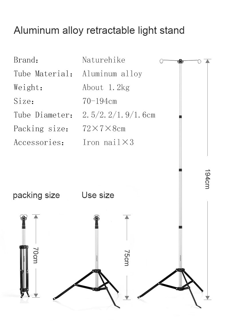 Naturehike Adjustable Light Stand Outdoor Portable Lightweight Lamp Holder Post Telescopic Camping Lantern Pole With Tripod Stable Retractable Hanger Silver Aluminum Alloy Camping Hiking Picnic Beach Travel Heavy Duty Original Nature Hike