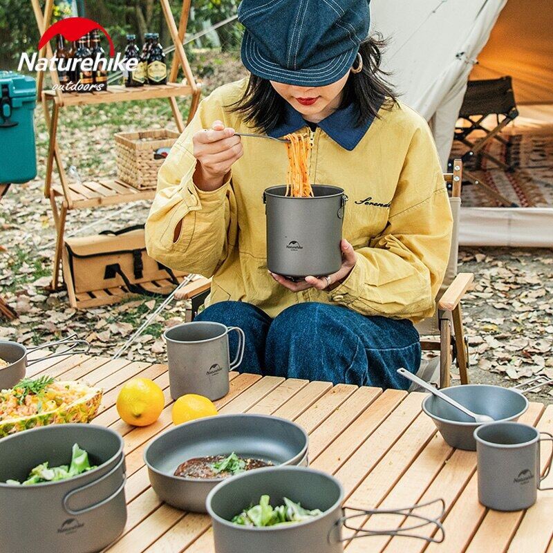 Naturehike Pure Titanium Pot Outdoor Portable Lightweight Cooking Pot Cutlery Utensil Fyring Pan Hanging Pot Food Grade Titanium Cookware Camping Hiking Picnic  Heavy Duty Original Nature Hike