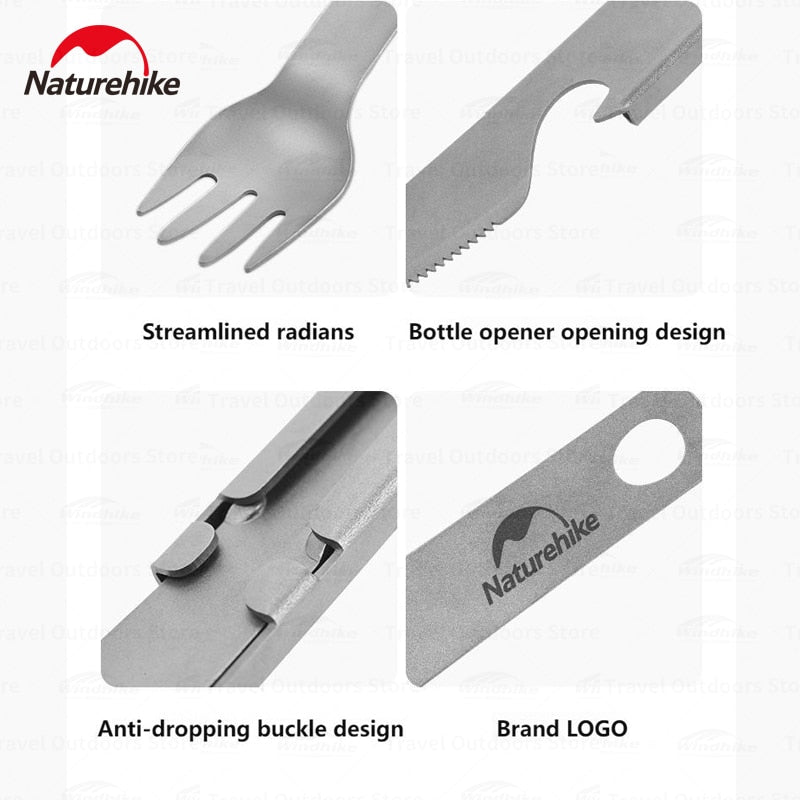 Naturehike 3-in-1 Titanium Tableware Set Portable Ultralight Cutlery Spoon Fork Knife Bottle Opener Camping Hiking Backpacking Dining Utensil