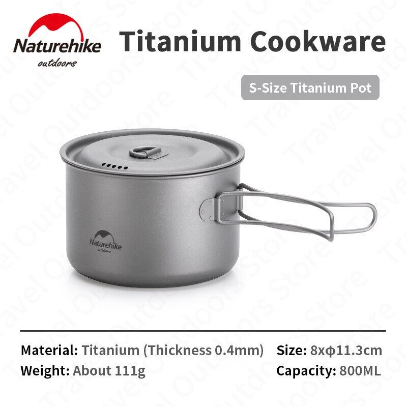 Naturehike Pure Titanium Pot Outdoor Portable Lightweight Cooking Pot Cutlery Utensil Fyring Pan Hanging Pot Food Grade Titanium Cookware Camping Hiking Picnic  Heavy Duty Original Nature Hike