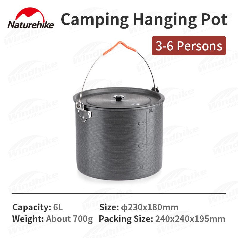 Naturehike Portable Hanging Pot & Tripod Ultralight 6L 10L Large Capacity Aluminum Alloy Camping Cookware And Telescopic Adjustable Hang Stand Outdoor Cooking For 6 to 10 Persons Hiking Picnic Beach Travel Heavy Duty Original Nature Hike