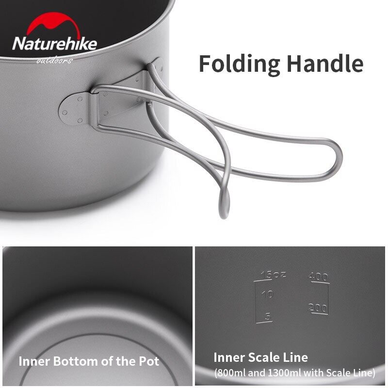 Naturehike Pure Titanium Pot Outdoor Portable Lightweight Cooking Pot Cutlery Utensil Fyring Pan Hanging Pot Food Grade Titanium Cookware Camping Hiking Picnic  Heavy Duty Original Nature Hike