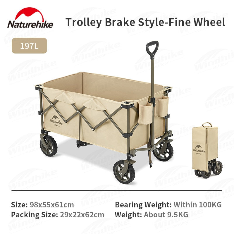 Naturehike TC02 Portable Camping Trolley Cart 197L 120kg Max Fine Narrow Wide Rough with Brake Wheel Stopper 4 Way Folding with Optional Table Board