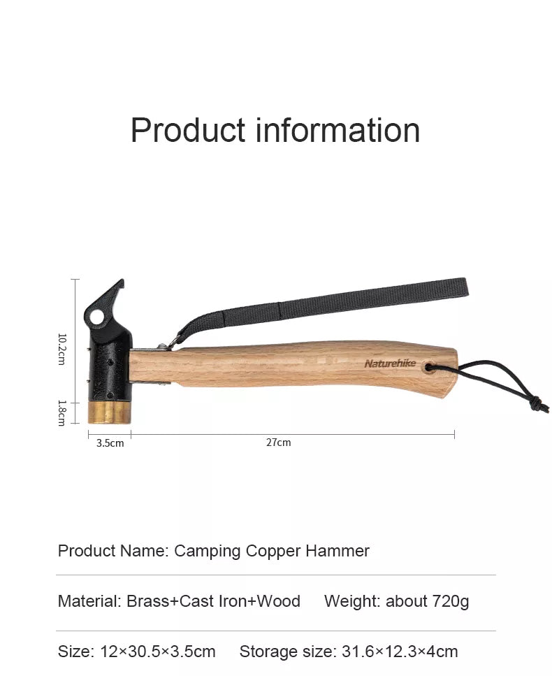 Naturehike Outdoor Premium Multi Functional Camping Hammer Brass Copper Solid Wood Handle Material Tent Peg Nail Stakes Pull Camp Tool Set