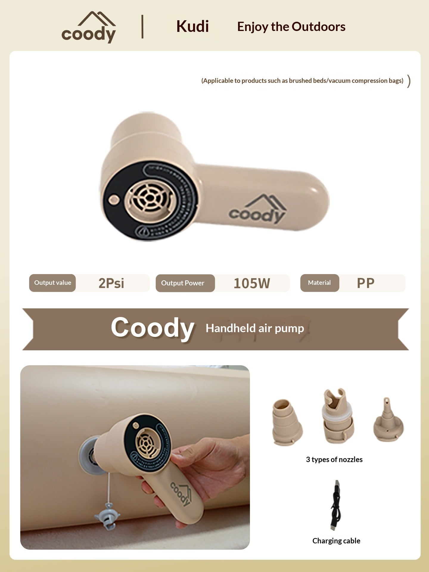 Coody GR-119 Handheld Air Pump Portable Lightweight 2PSI 105W for Inflatable Bed Mattress Pillow Sofa Compression Bag USB C Charging