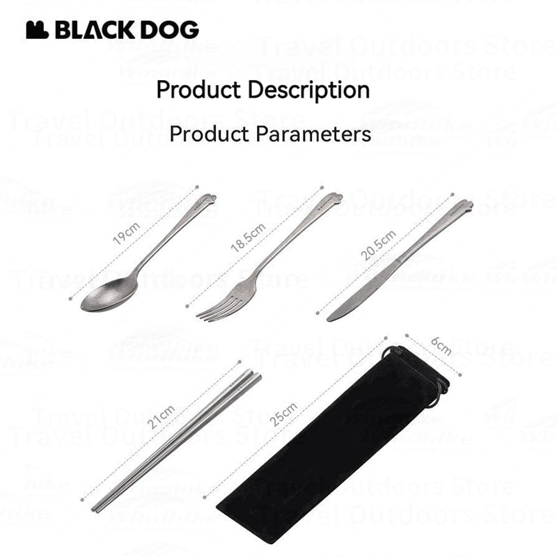 BLACKDOG Retro Style Utensil Set Portable Ultralight 304 Stainless Steel 4 In 1 Spoon Fork Knife Chopsticks With Black Storage Bag Cutlery Set Tableware Dining Camping Hiking Picnic Beach Travel Heavy Duty Original Black Dog