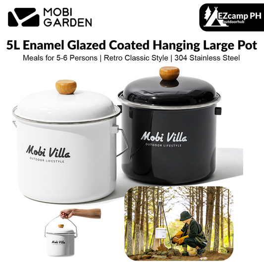 Mobi Garden 5L Enamel Glazed Coated Hanging Large Pot Retro Style Meals for 5-6 Persons Camping Outdoor Cooking Kitchenware Equipment Hiking Travel Picnic Beach Heavy Duty Original MobiGarden