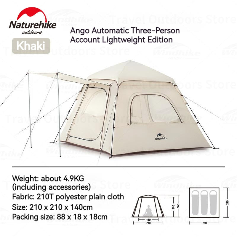 Naturehike ANGO Series 3 Lightweight Version Automatic Camping Tent 3 Person Waterproof Ultralight Portable Summer Breathable with Awning 210T Oxford