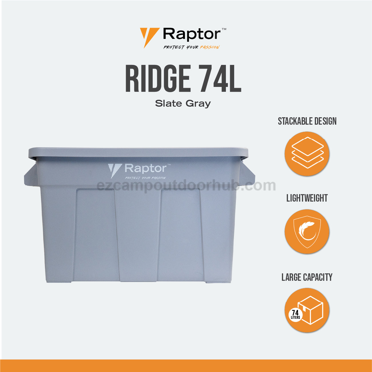 Raptor RIDGE 74L Storage Box Portable Lightweight Stackable Design Large Capacity Optional Attachable Wheels Polypropylene Heavy Duty Outdoor Camping