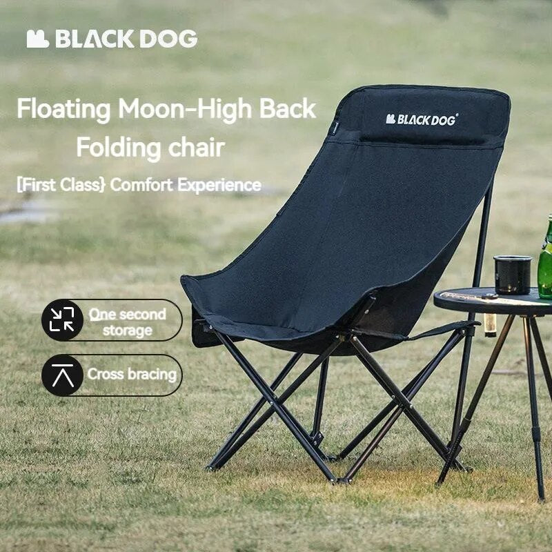 BLACKDOG Floating Moon Chair Outdoor Raised Back Portable Foldable Black Camping Chair Hiking Fishing Beach Travel Chair With Pockets Load Capacity up to 150kg Heavy Duty Original Black Dog