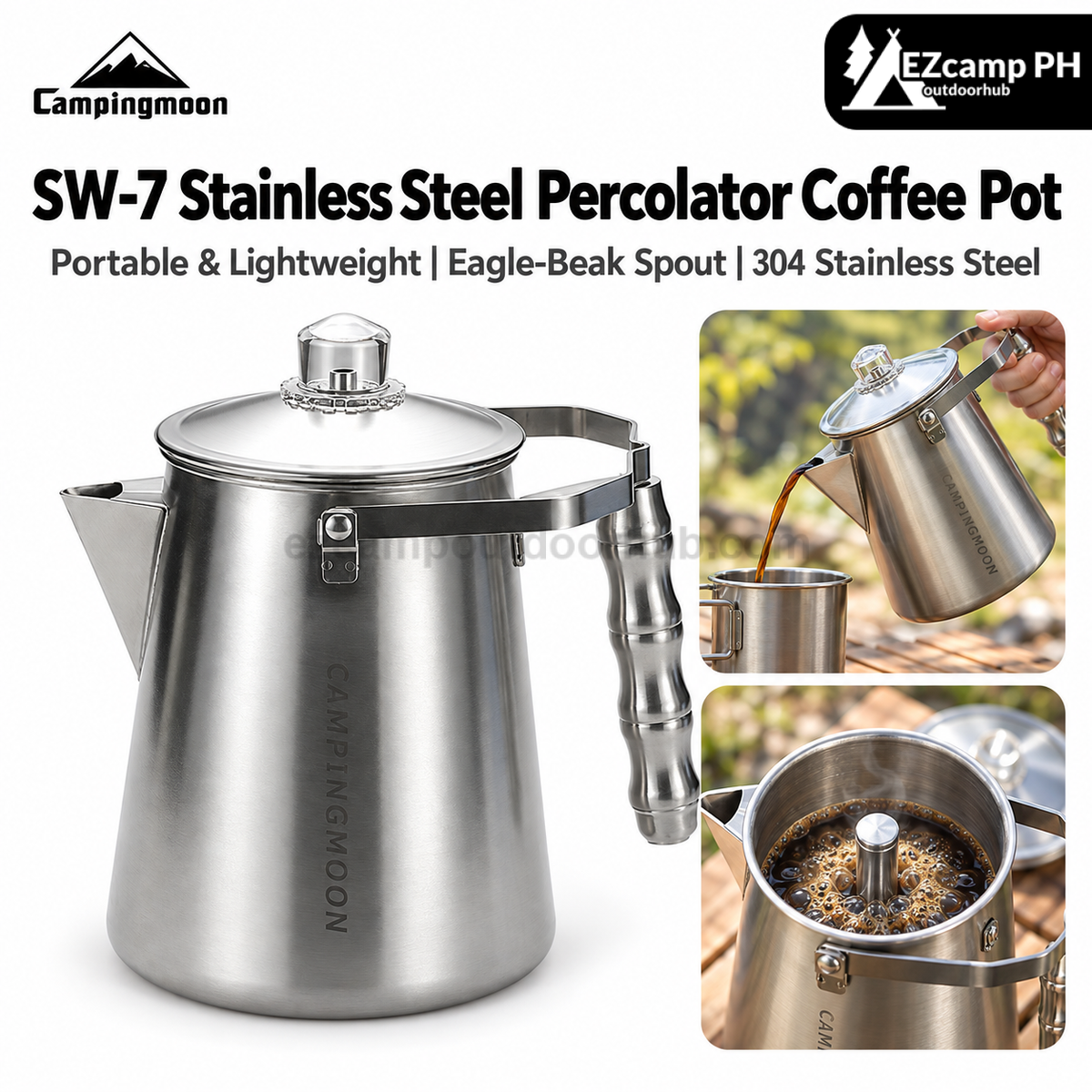 Campingmoon SW-7 Stainless Steel Percolator Coffee Pot 1.8L Outdoor Camping Coffee Making Kettle