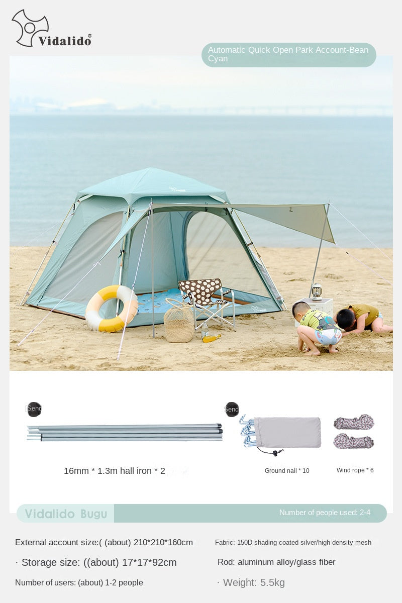 Vidalido BUGU Dome Style Automatic Tent Portable Lightweight Foldable Quick Opening Ventilated Tent for 2-4 Person Rainproof Sunscreen Breathable