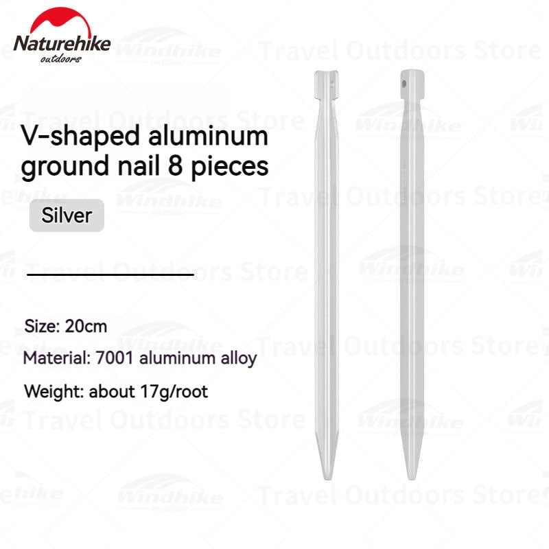 Naturehike V-Shaped Aluminum Ultralight Tent Pegs 8pcs Per Pack 20cm Grass Gravel Land Ground Nails Outdoor Hiking Camping Stakes