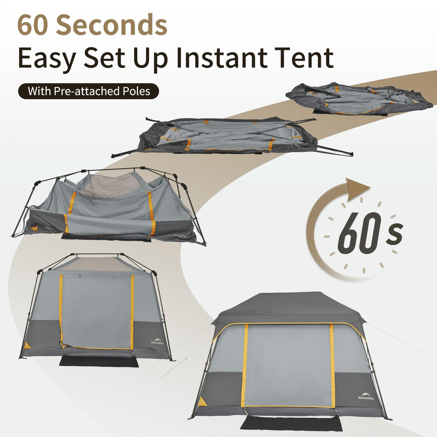 Naturehike CAPE Series 5.2 Fast Automatic Cabin Tent for up to 4 Person Outdoor Camping Quick Build Pop up Instant Tent Large 5.2m² Interior Space