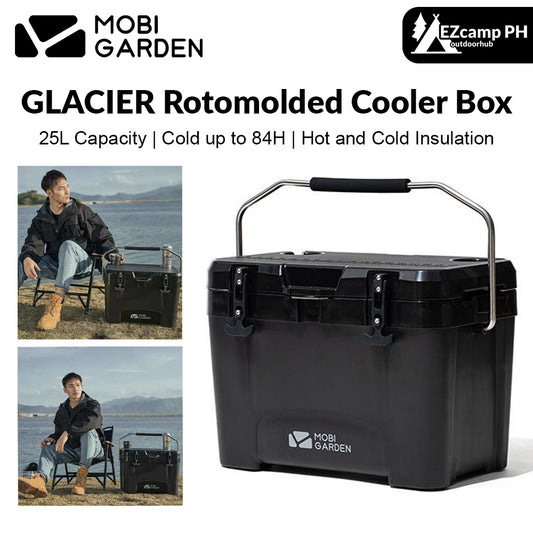 Mobi Garden GLACIER Rotomolded Cooler Storage Box 25L Outdoor Camping Food Drink Ice Chest Cold Hot Container Cold up to 84H Heavy Duty Long Lasting Food Grade PU PP Material Black Khaki Beige Mobigarden