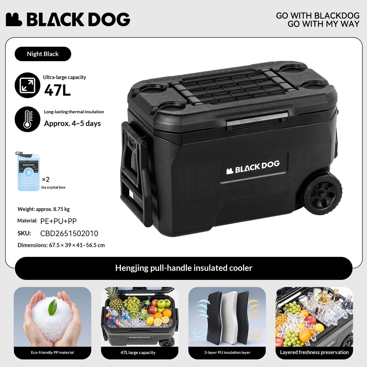 Blackdog 47L Wheeled Cooler Box with Pull Handle Large Capacity Ice Chest for Camping Outdoor Picnic