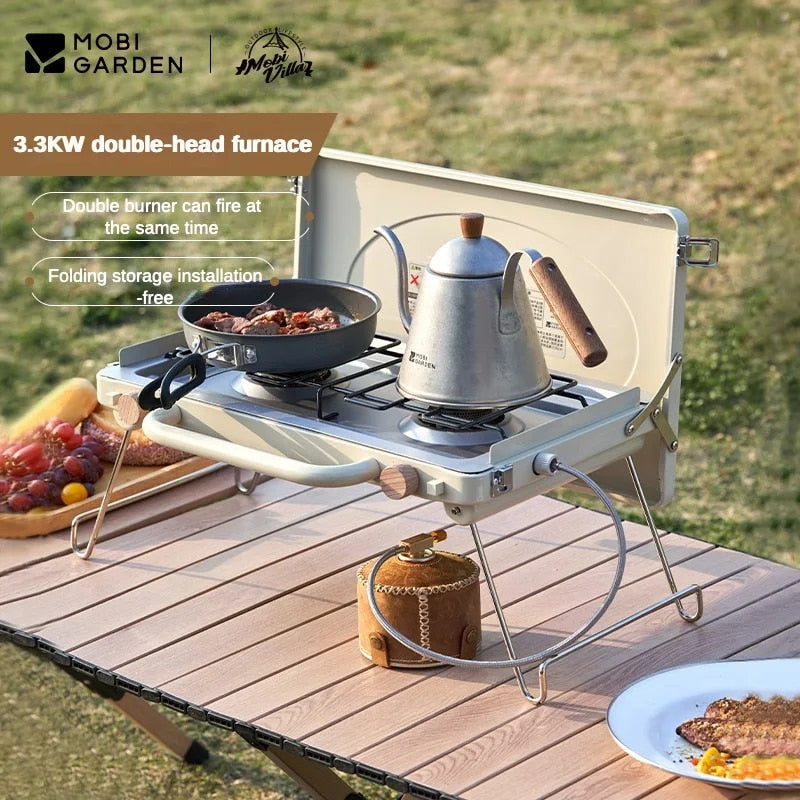 MOBI GARDEN Double Burner Gas Butane Stove 3.3 Outdoor Camping 3.3kw Firepower Folding Portable Cooking Equipment Intergrated Windboard Picnic BBQ Cookware Dual Head Fast Ignition Mobigarden