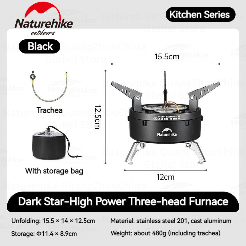 Naturehike DARK STAR Three Head Stove Camping 3300W High Power IGT Gas Stove Portable Foldable Ultralight Burner Furnance Cooker Heater Outdoor Hiking Beach Picnic Travel Heavy Duty Original Nature Hike