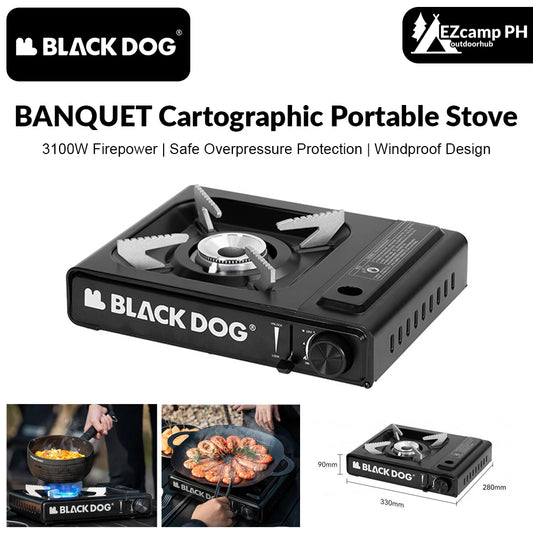 BLACKDOG BANQUET Cartographic Portable Butane Stove Cassette Canister Fuel Gas Standard Nozzle Type 3100W Firepower Outdoor Camping Cooking Korean BBQ Burner Black Dog