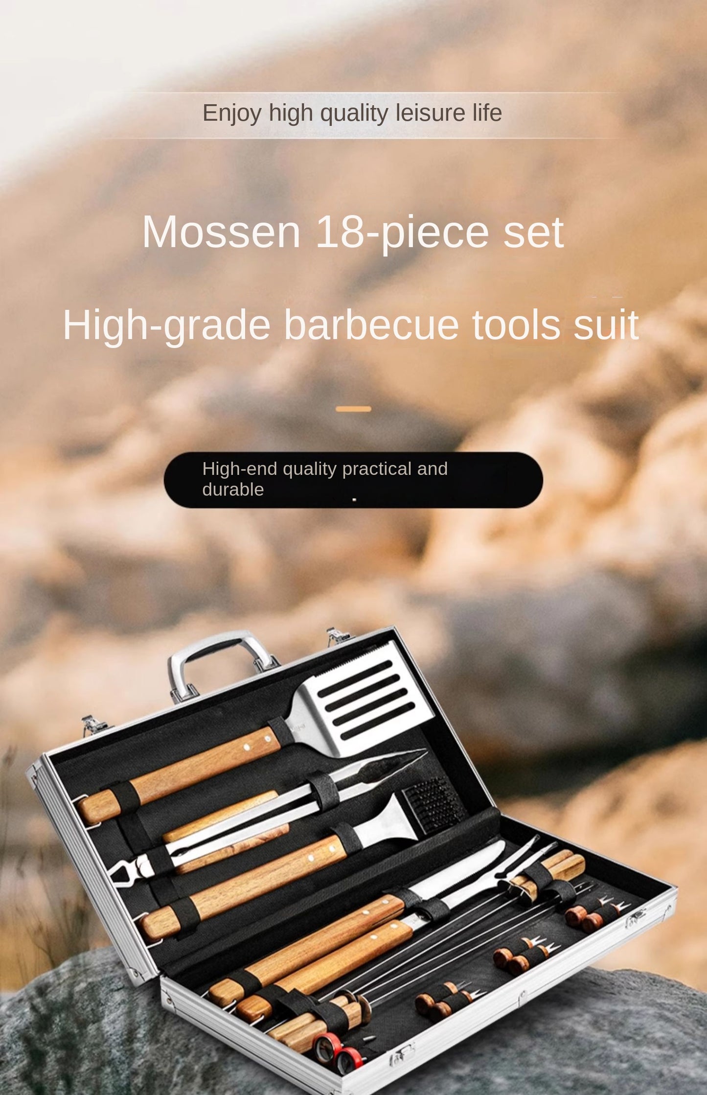 Redfox E-Rover 18pcs BBQ Tool Set Multifunctional Barbecue Grill Utensil Spatula Tong Clip Skewer Knife With Elegant Case Outdoor Camping Cooking Accessories