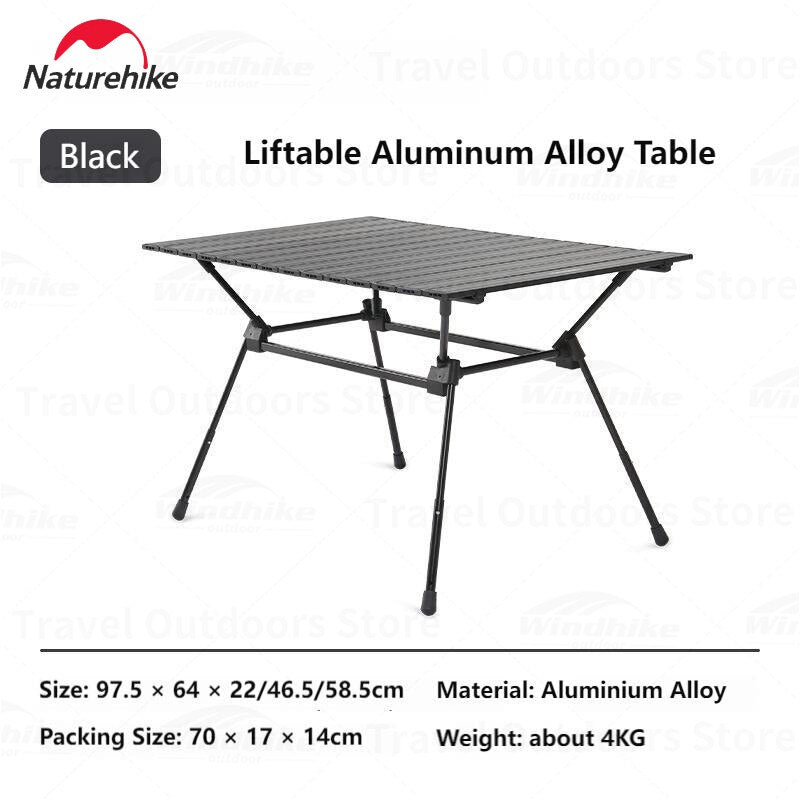 Naturehike FT12 Black Aluminum Egg Roll Camping Portable Folding Table 3 Level Height Adjustable Ultralight Heavy Duty up to 30kg Max Load Foldable Heavy Duty Outdoor Low High Lifting Table Nature Hike