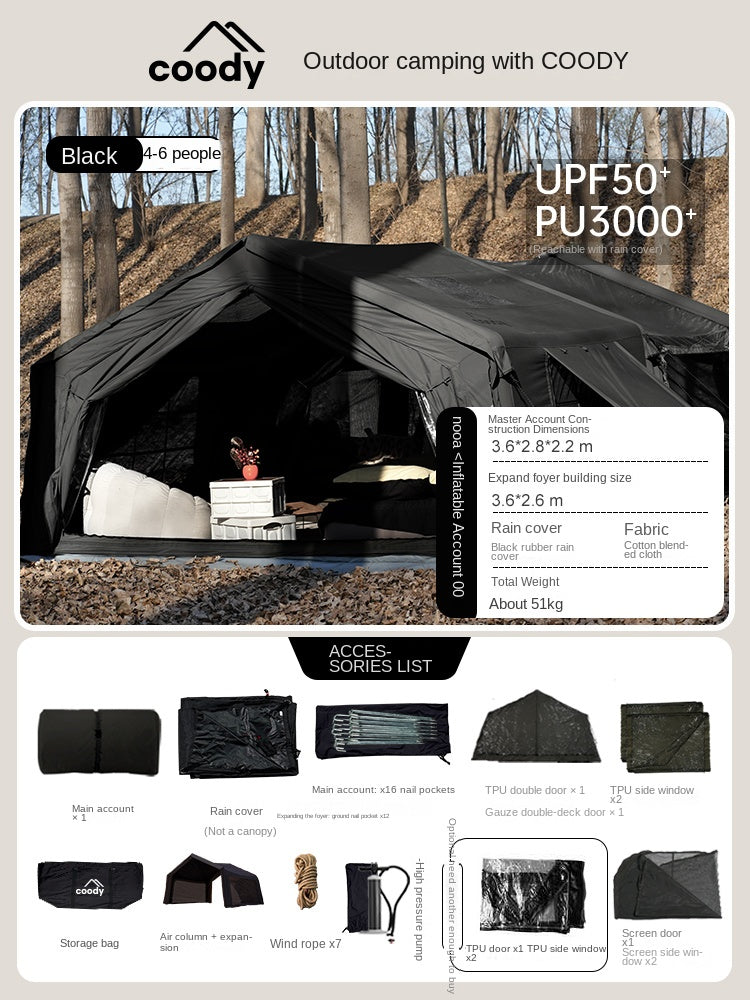 Coody AIR Cabin 10.0 Premium 4-6 Persons Inflatable Tent Blended Cotton PVC Air Pole Black Vinyl Coated Rain Cover Sunscreen 4 Season Rainproof Ridge Tent