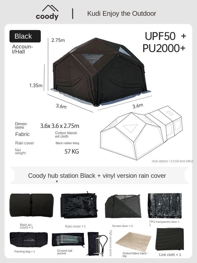 Coody HUB Shelter 13 Air Inflatable Outdoor Camping Tent 4-6 Persons Main Hub Modular Station Air Tents Waterproof Black Vinyl Coated Sunscreen Rain Cover