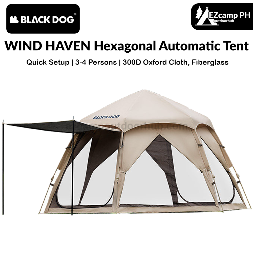 Blackdog WIND HAVEN Hexagonal Automatic Tent Dome Style 3-4 Persons Breathable 7-Sided Panorama Windows Black Vinyl or Silver Coated Sunscreen