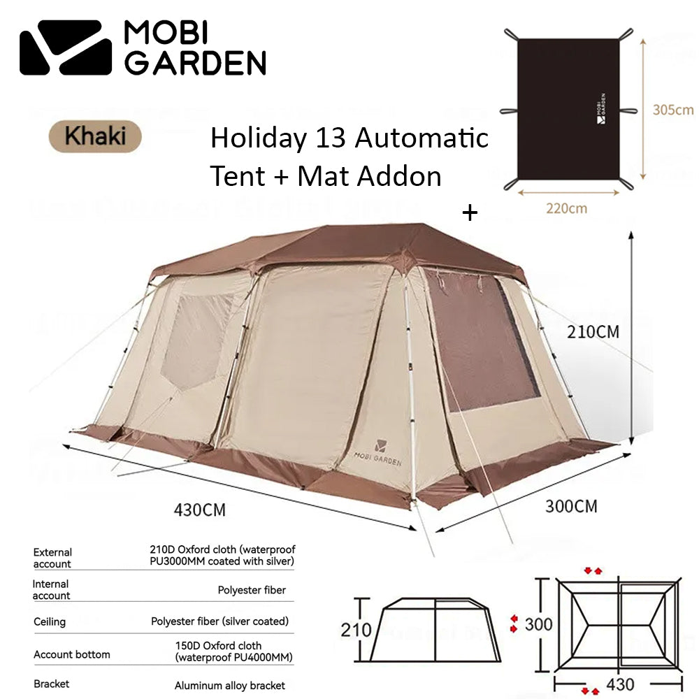 Mobi Garden HOLIDAY MOUNTAIN RESIDENCE 13 Fast Automatic Cabin Style Tent for 6 to 8 Person Large 13m² Space Quick Build 2 Rooms 4 Doors 6 Windows