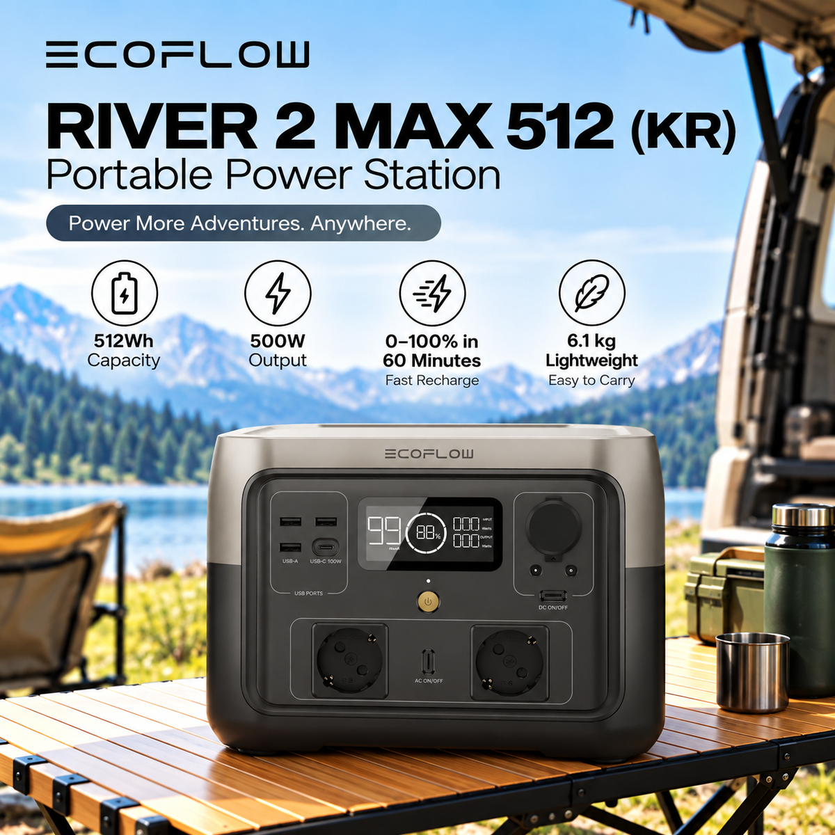 Ecoflow RIVER 2 Max Power Station 499/512Wh Solar Generator With LiFePO4 Battery Charging In 1 Hour 500W Up To 1000W With X-Boost Power Emergency Power Source Energy Storage