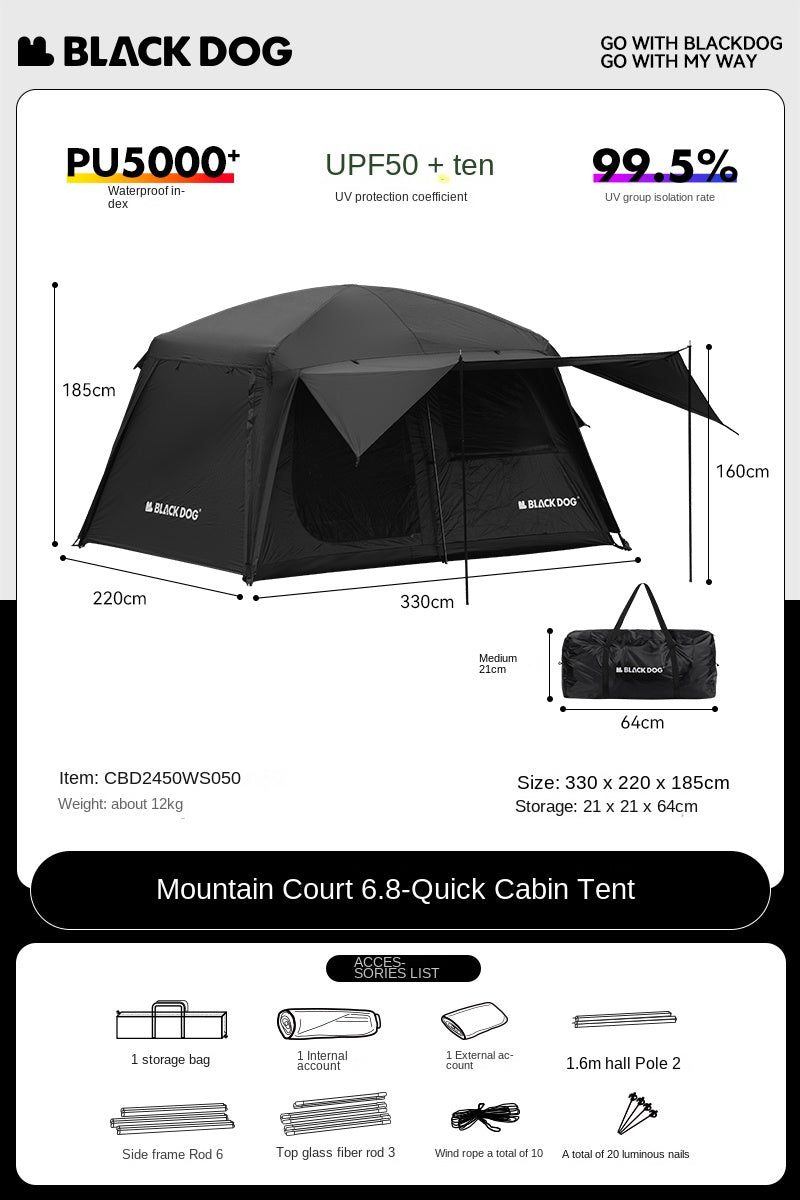 Blackdog MOUNT HAVEN 6.8 Quick Open Semi-Automatic Cabin Style Black Tent Large 19.2m² Total Use Space for up to 4-5 Person Titanium Black Coated Sunscreen Waterproof Breathable shanting mountain court by naturehike