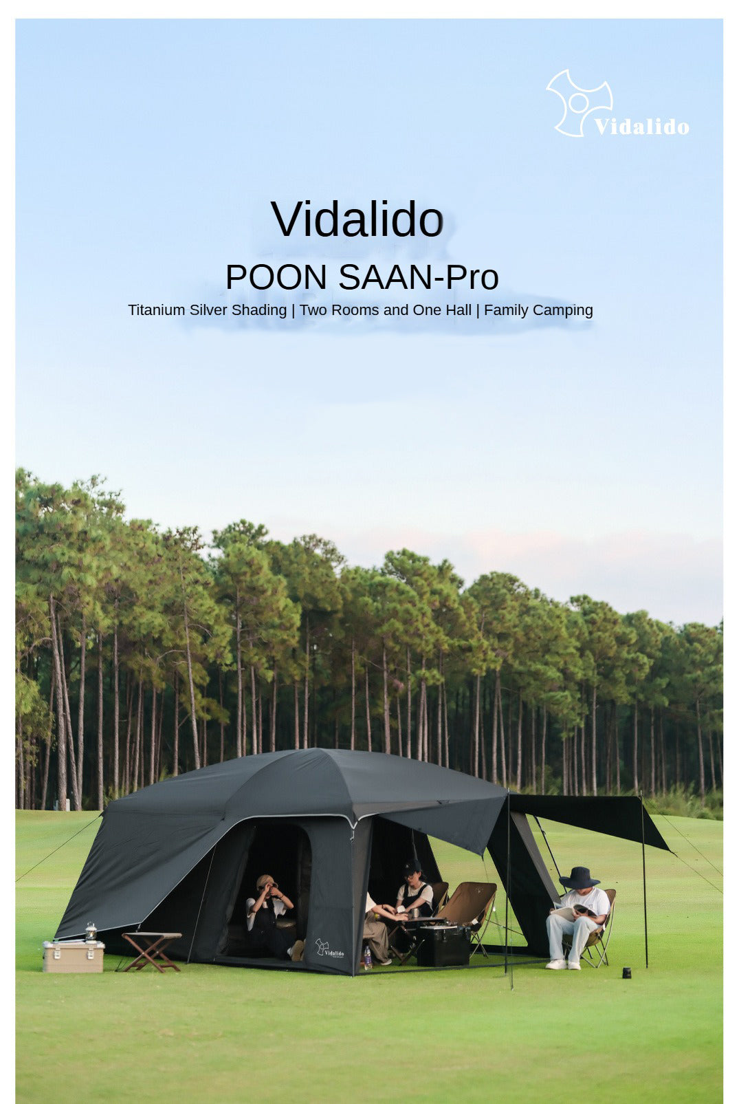 Vidalido POON SAAN PRO Portable 8-10 Person Banshan Villa Extra Large Semi-Automatic Cabin Style Black Tent Outdoor Camping 15m² Interior Space 2 Bedroom Waterproof 150D Titanium Silver Coated Sunscreen