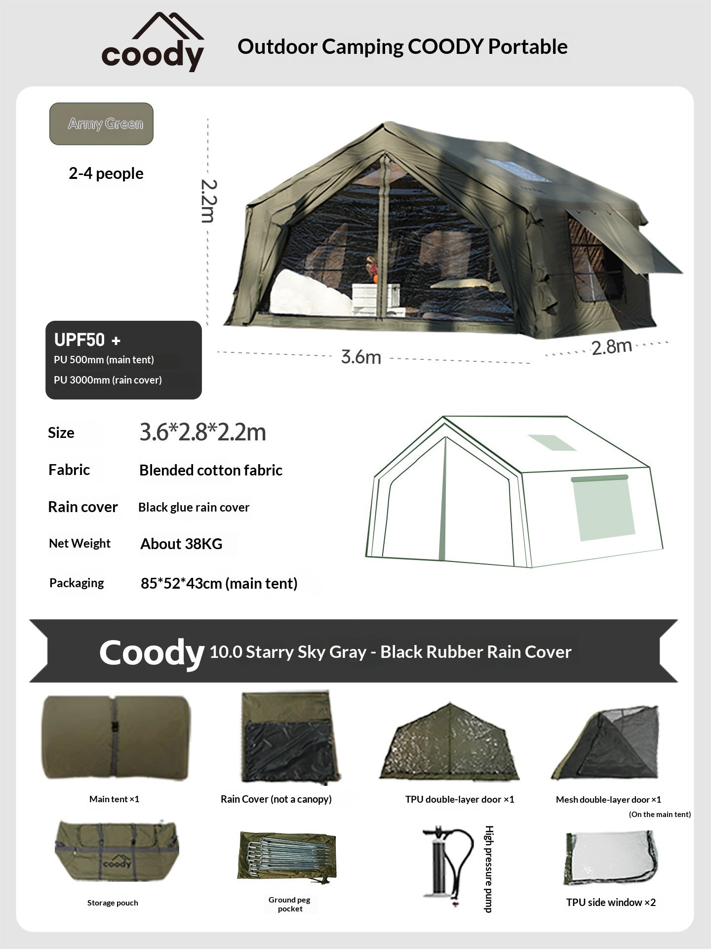 Coody AIR Cabin 10.0 Premium 4-6 Persons Inflatable Tent Blended Cotton PVC Air Pole Black Vinyl Coated Rain Cover Sunscreen 4 Season Rainproof Ridge Tent