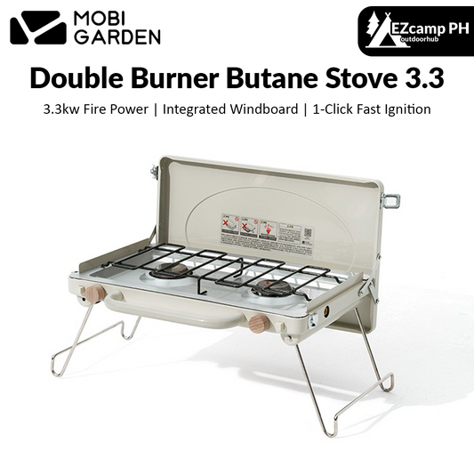 MOBI GARDEN Double Burner Gas Butane Stove 3.3 Outdoor Camping 3.3kw Firepower Folding Portable Cooking Equipment Intergrated Windboard Picnic BBQ Cookware Dual Head Fast Ignition Mobigarden