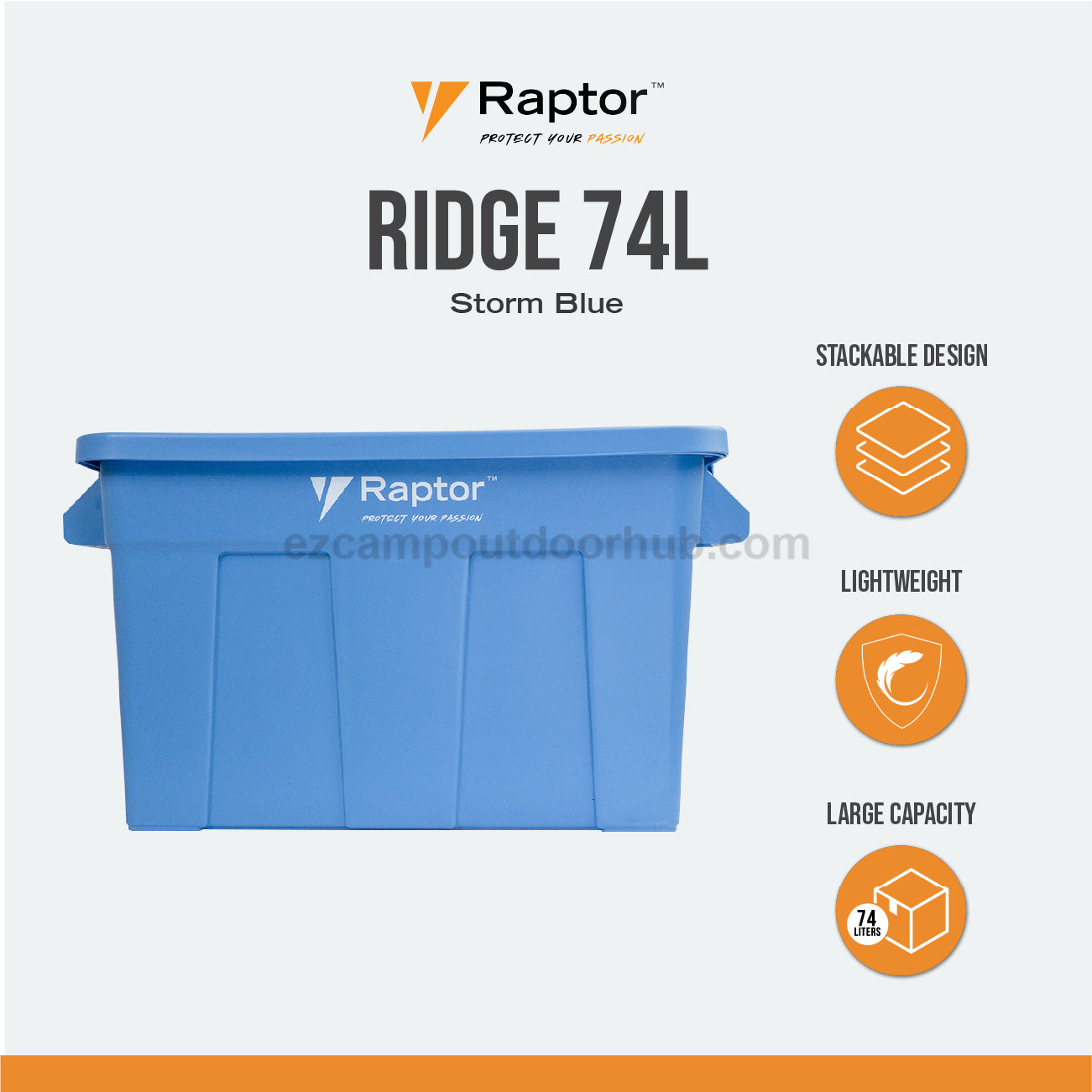 Raptor RIDGE 74L Storage Box Portable Lightweight Stackable Design Large Capacity Optional Attachable Wheels Polypropylene Heavy Duty Outdoor Camping