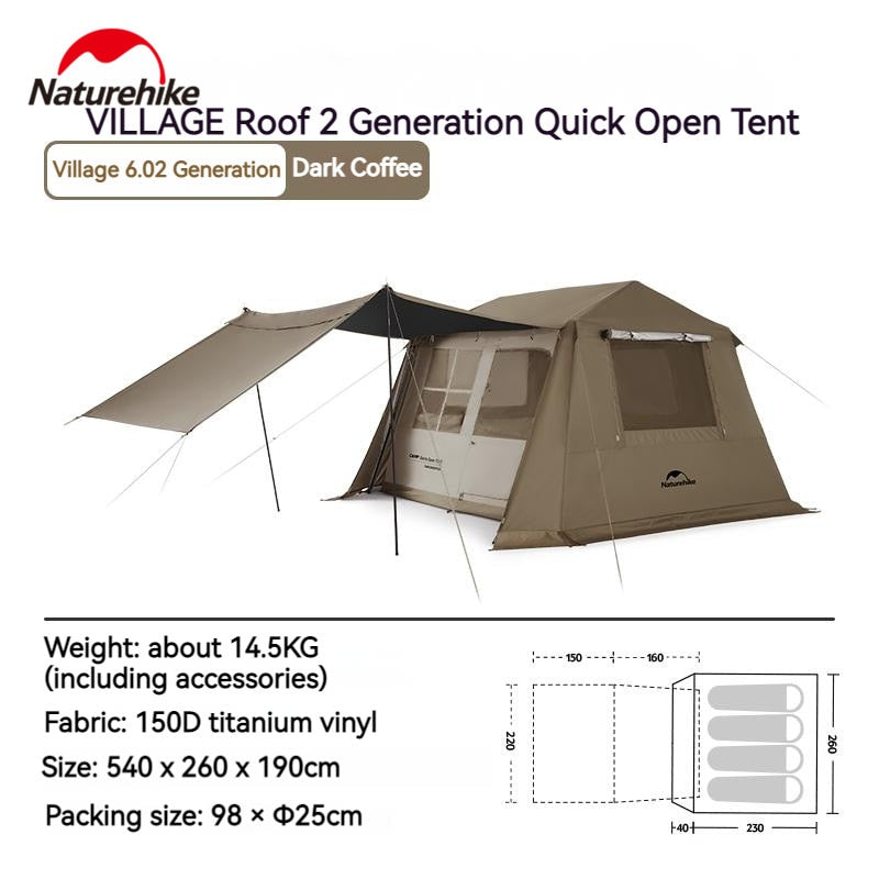 Naturehike VILLAGE Series 6.0 Gen 2 Fast Build Automatic Cabin Style Tent 6m² Space for 4 Person Waterproof Camping Ti Black Sunscreen Coating