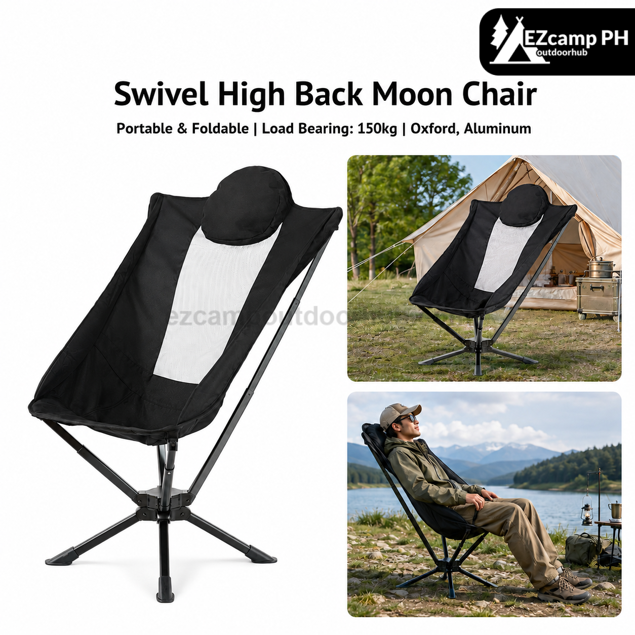 Swivel High Back Moon Chair Portable Ultralight Aluminum Frame Folding 360 Rotating Chair 150kg Max Load Camping Outdoor Travel
