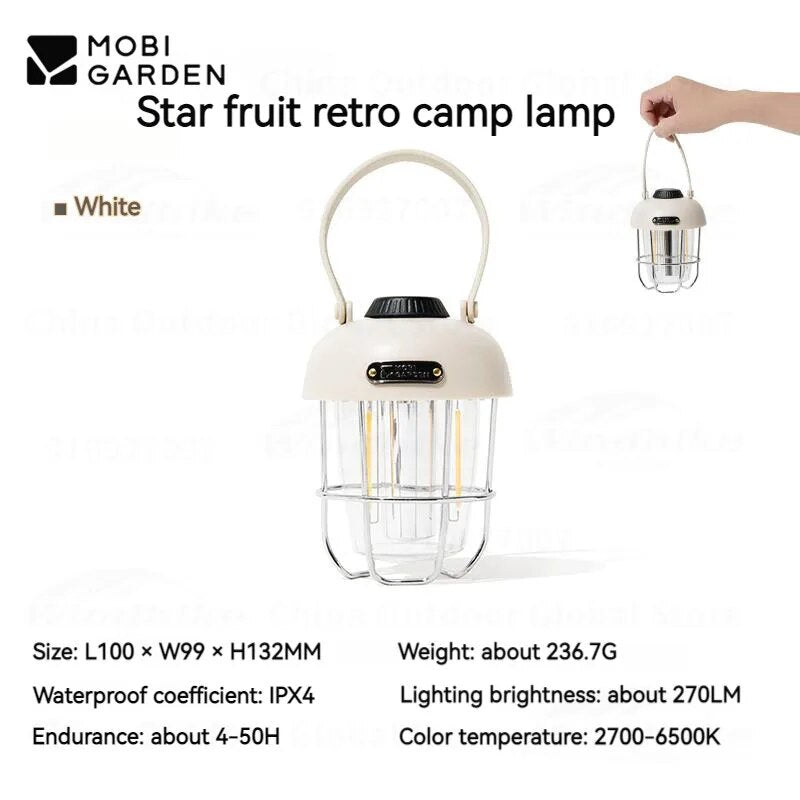 Mobi Garden STAR FRUIT Retro LED Lamp Outdoor Camping Atmosphere Ambient Lighting 300 Lumens up to 50H IPX4 Waterproof USB C Charging Battery 3 Light Mode Tent Hanging Stand Lantern Mobigarden