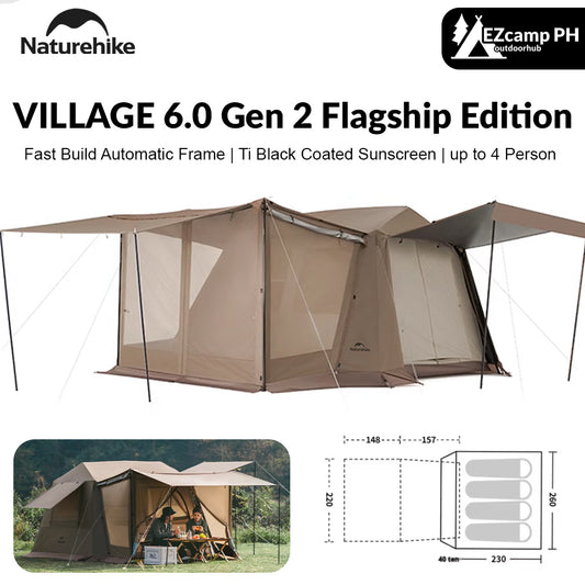 PRE-ORDER Naturehike VILLAGE 6.0 Gen 2 Flagship Edition Fast Automatic Cabin Tent Ti Black Coated Sunscreen Large 15m² Use Space 4 Person Waterproof