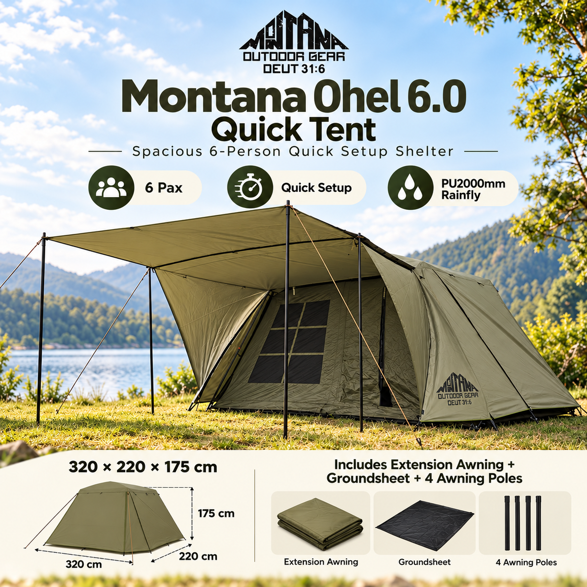 Montana OHEL 6.0 Automatic Tent Complete Set 4-6 Person Fast Waterproof Silver Coated Sunscreen