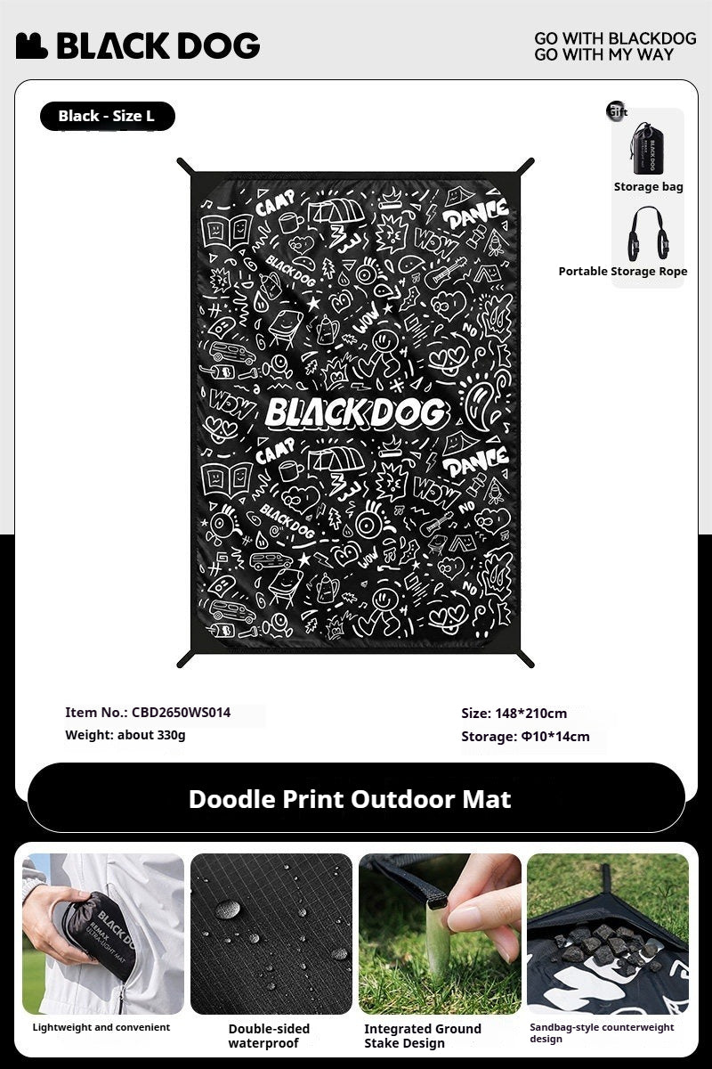 BLACKDOG Doodle-Print Outdoor Mat Portable Ultralight Black Breathable Mattress Moisture-proof Widened Layout Ground Sheet Camping Picnic Beach
