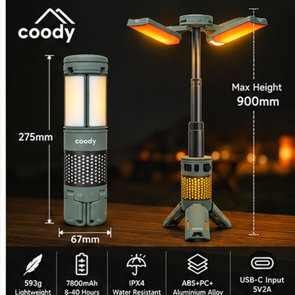 Coody C-3065 Telescopic Tripod Lamp Portable Multifunctional 3 Adjustable Light Modes LED Camping Lantern IPX4 Waterproof USB C Charging Light Outdoor