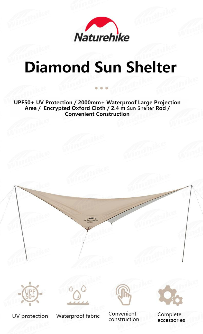 Naturehike Diamond Sun Shelter Portable Lightweight 3-4 Person Tarp Camping Outdoor Waterproof Canopy 6x4m 150D Windproof With 2.4m Pole UPF50+