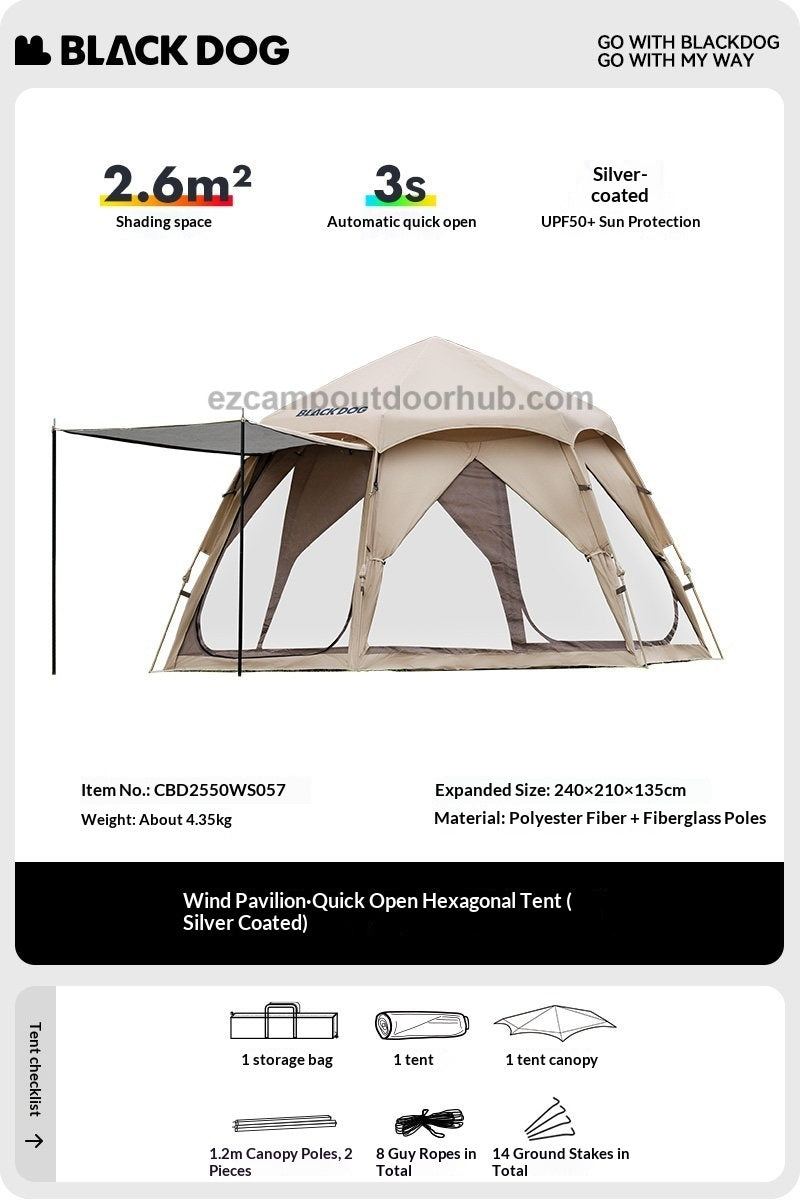 Blackdog WIND HAVEN Hexagonal Automatic Tent Dome Style 3-4 Persons Breathable 7-Sided Panorama Windows Black Vinyl or Silver Coated Sunscreen