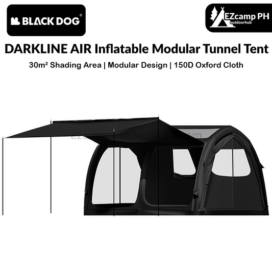 Blackdog DARKLINE AIR Inflatable Modular Tunnel Type Tent Fast Build Interconnected 30m² Shading Area High Ceiling Waterproof PU3000 Black Vinyl Coated Sunscreen