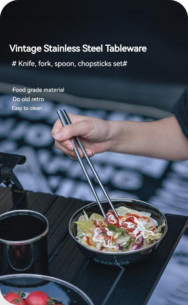 BLACKDOG Retro Style Utensil Set Portable Ultralight 304 Stainless Steel 4 In 1 Spoon Fork Knife Chopsticks With Black Storage Bag Cutlery Set Tableware Dining Camping Hiking Picnic Beach Travel Heavy Duty Original Black Dog